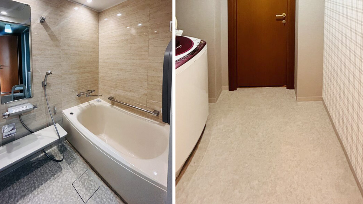 浴槽にTOTOのサザナ、壁にビスクトラバーチンを採用した浴室と床材交換した洗面脱衣所